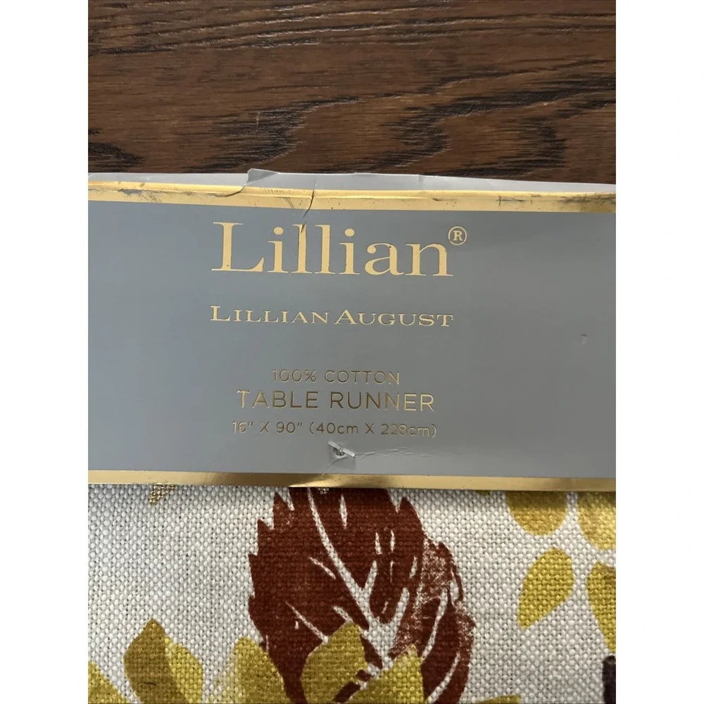 LILLIAN AUGUST Table Runner Fall Sunflowers Gold Metallic Farmhouse 16 X 90